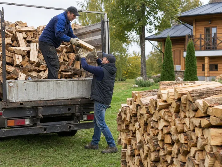 Разгрузка в дровник с раскладкой рядами в Звенигороде